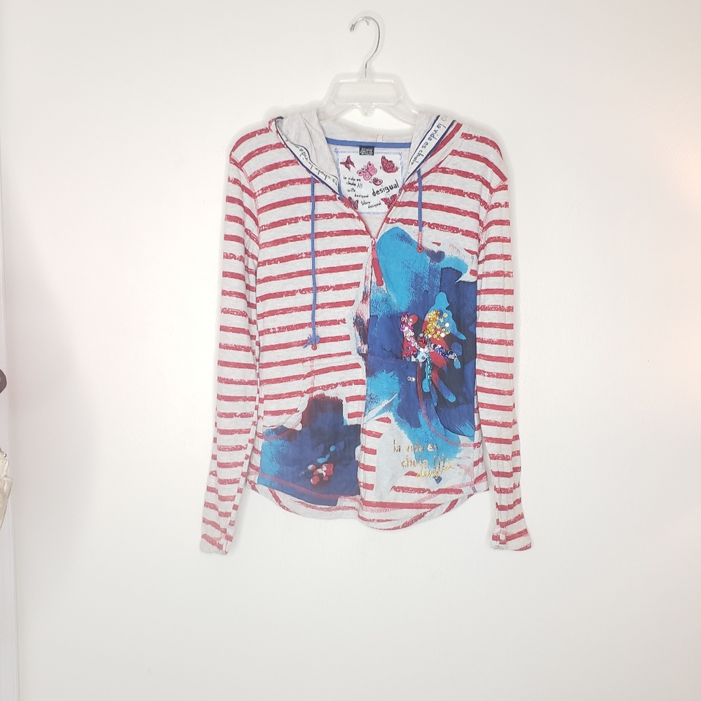 Desigual La Vida es Chula Desigual Graphic Stripe Hoodie Boho Artsy Size Large